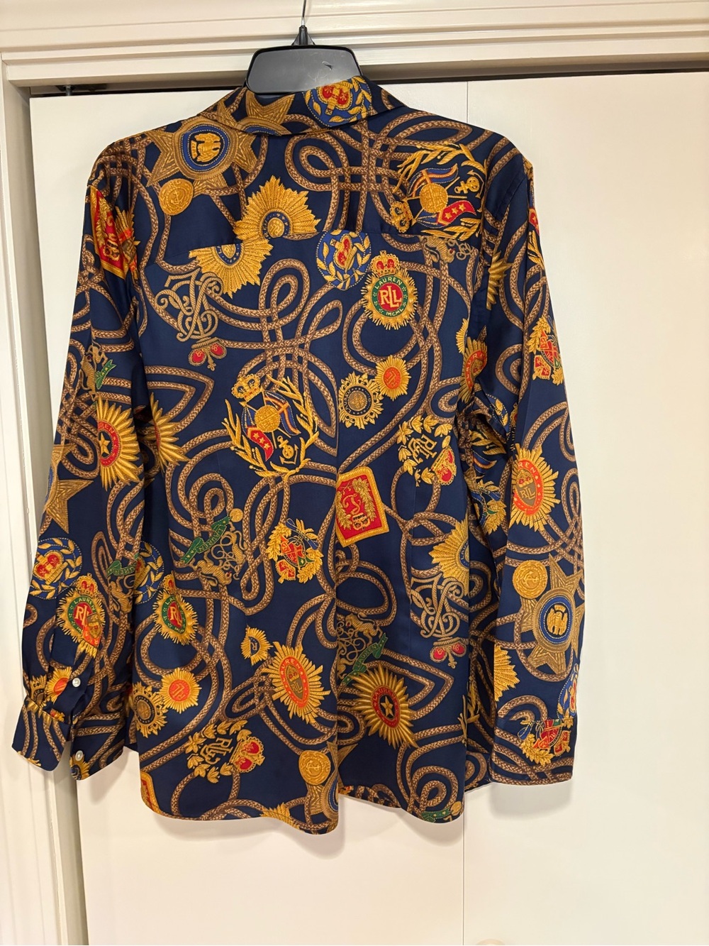 Ralph Lauren Navy Button-Up Shirt with Gold and Red Baroque Motif, size 1X - Picture 2 of 5